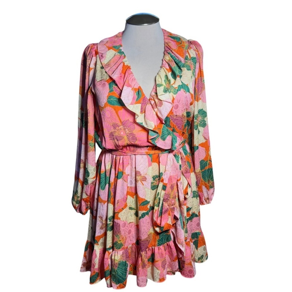 Taylor Floral Ruffle Wrap Mini Dress Pink Orange Green Size 16 Long Sleeve